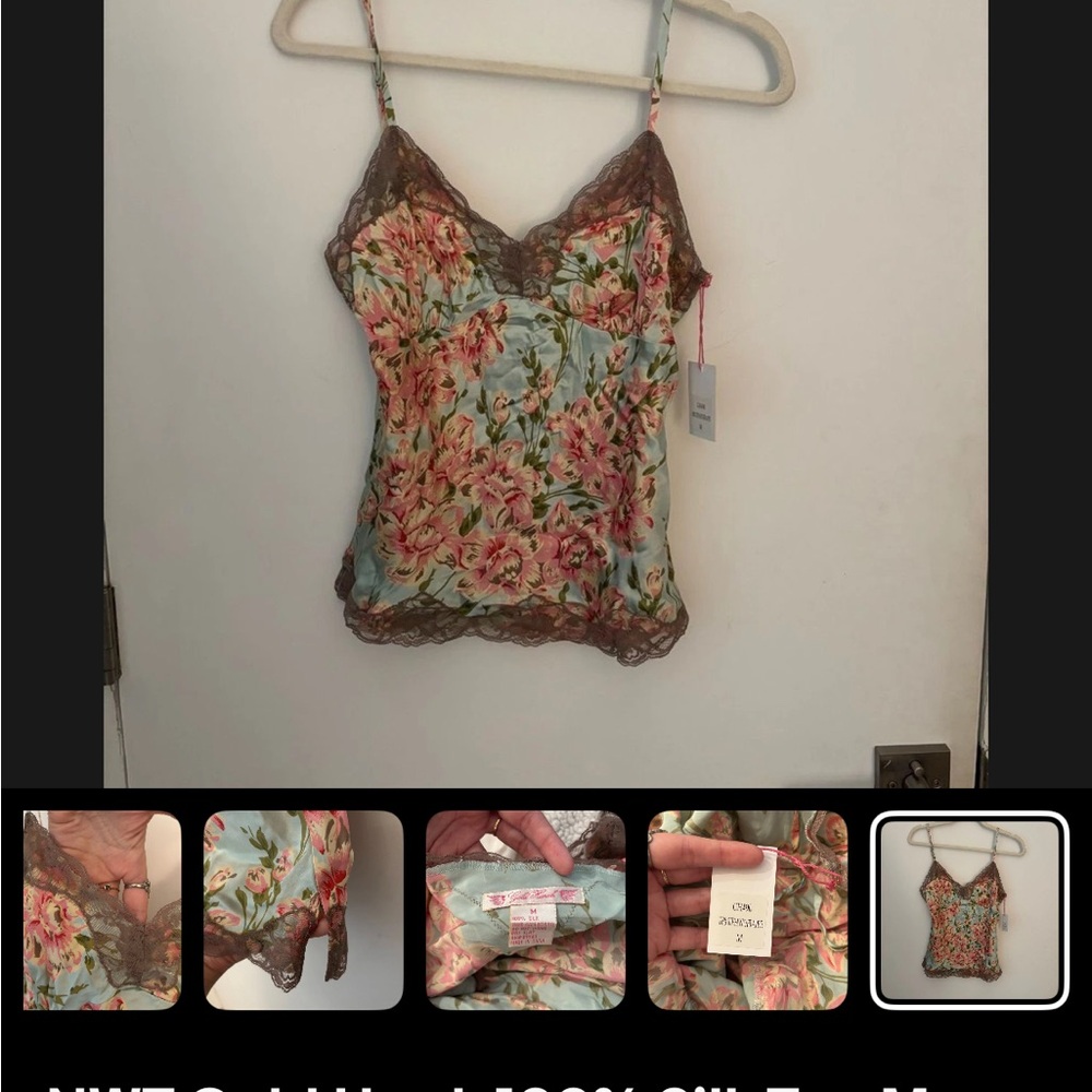 Gold Hawk 100% silk top floral print, Tiffany frappe lace sleeveless Cami M - Picture 5 of 7